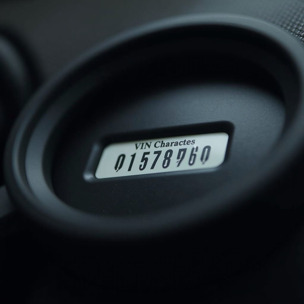 Close-up view of a vehicle identification number (VIN) plate mounted on a car dashboard, showing the 17-character alphanumeric code clearly visible with a magnifying glass nearby, professional automotive documentation photography