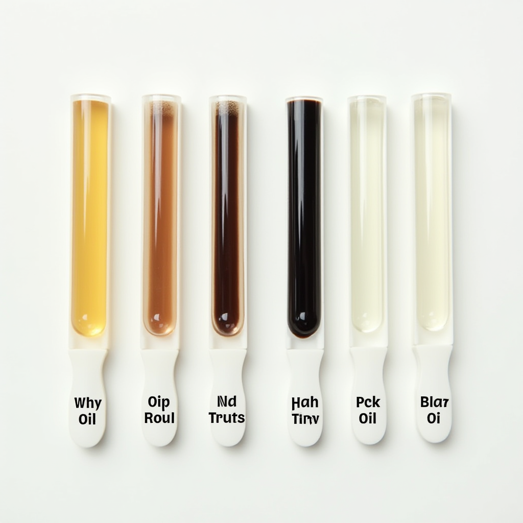 Порівняльна таблиця з чотирма масляними щупами, що показують різні стани оливи: чисту золотисту, темно-коричневу, чорну та молочно-білу, кожен щуп підписаний з поясненням стану