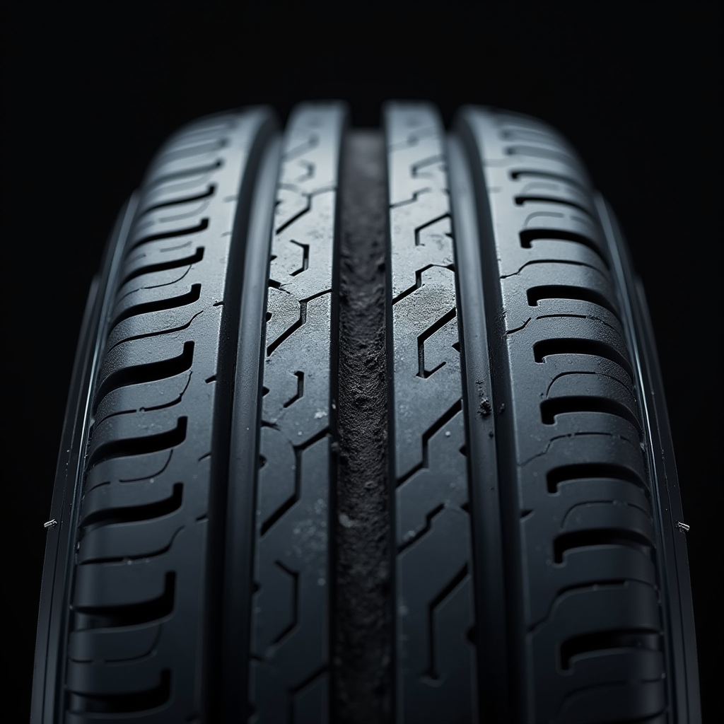 Крупний план центрального зносу протектора шини: середня частина протектора зношена значно більше ніж краї, візуалізація наслідків надмірного тиску в шинах