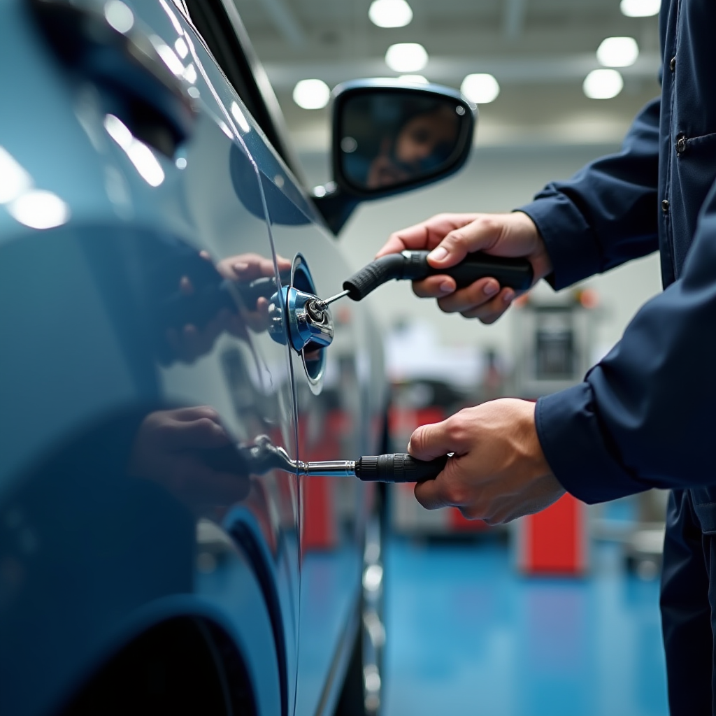 Professional automotive inspector examining car body panels in bright daylight, checking paint texture and color consistency with specialized tools, close-up of hand running along car door panel looking for repair signs, automotive workshop background with inspection equipment