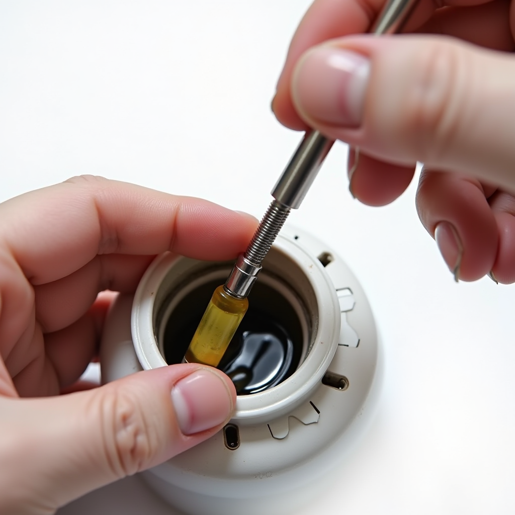 Detailed close-up of checking engine oil dipstick showing oil color and consistency, with clean hands holding the dipstick against white background to examine oil condition, automotive maintenance inspection photography