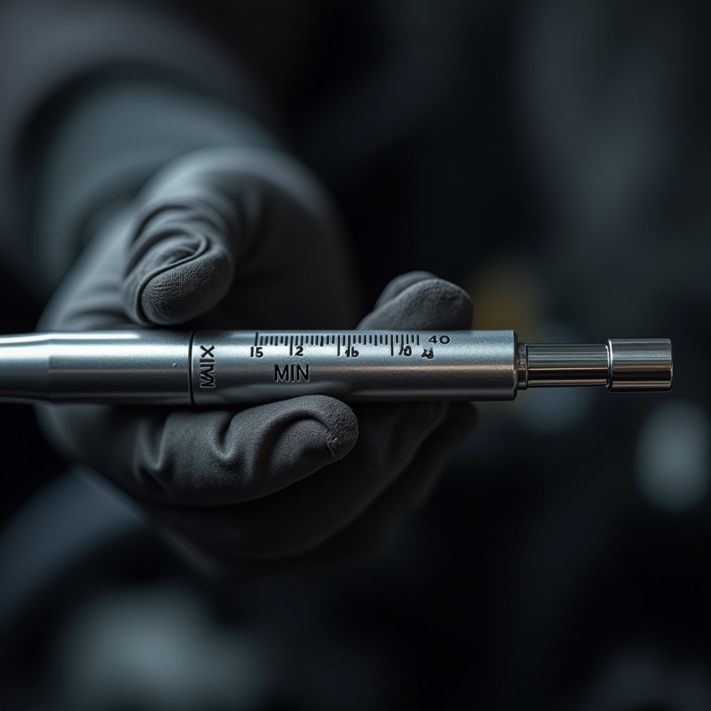 Детальне фото масляного щупа з чіткими позначками MIN та MAX, рівень оливи знаходиться посередині між позначками, на задньому плані видно руку в захисній рукавичці