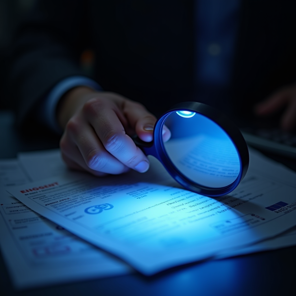 Людина перевіряє автентичність документів на автомобіль за допомогою ультрафіолетової лампи та лупи, видно захисні елементи: водяні знаки, мікротекст, голографічні наклейки, спеціальні волокна в папері