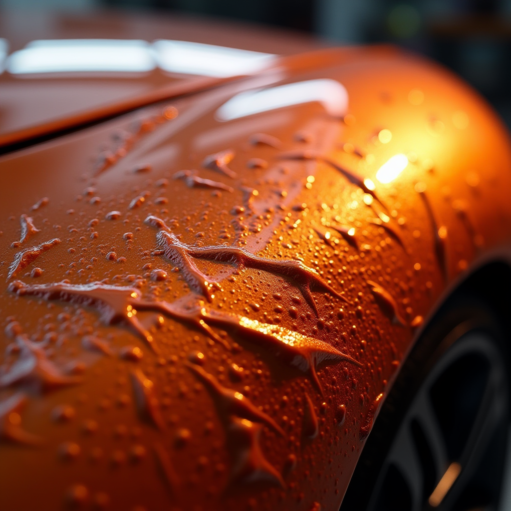 Макрознімок поверхні автомобільної фарби, що демонструє ефект текстури апельсинової кірки, який вказує на нефабричне нанесення фарби та ремонтні роботи
