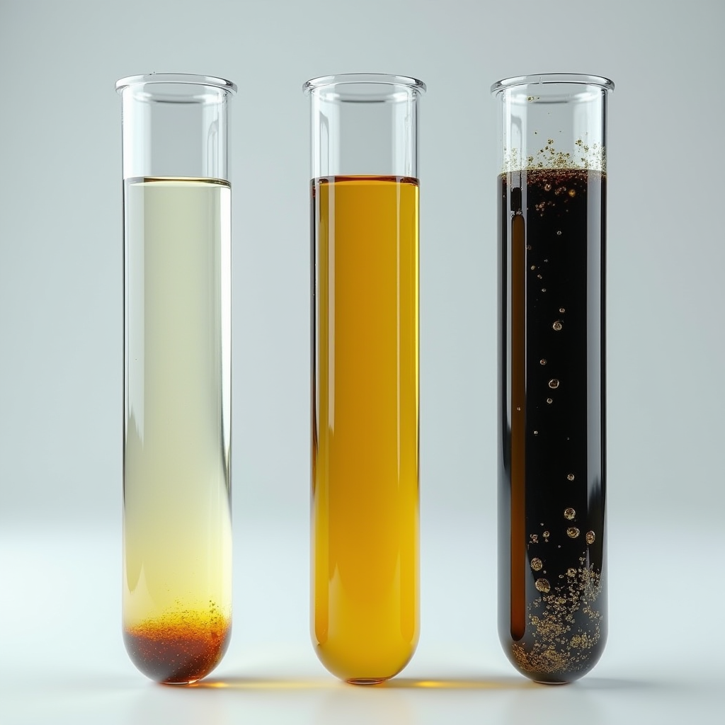 Три пробірки з різними проблемними зразками моторної оливи: молочно-біла емульсія, дуже чорна густа олива, та олива з видимими металевими частинками, кожна підписана