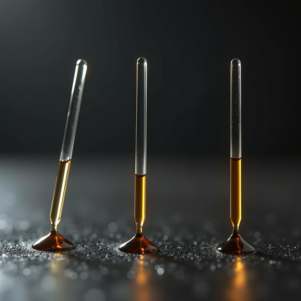 Послідовність з трьох фото, що показує тест на в'язкість оливи: нахилений щуп з нормальною оливою, що стікає рівномірно, щуп з густою оливою та щуп з надто рідкою оливою