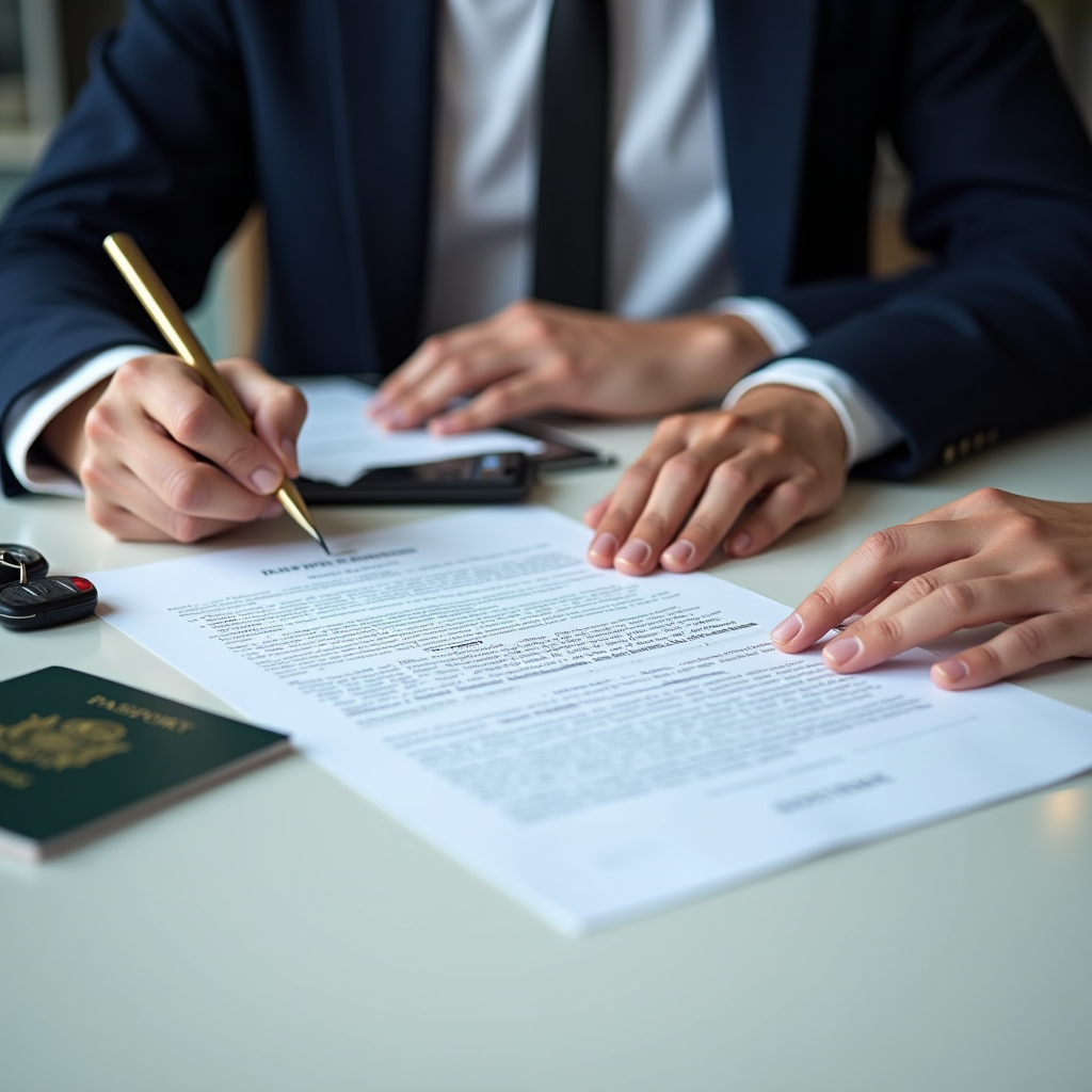 Дві людини підписують договір купівлі-продажу автомобіля за столом, на якому розкладені документи: свідоцтво про реєстрацію, паспорти, договір, ключі від автомобіля, ручки для підпису