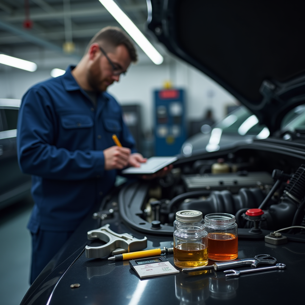Професійний механік у чистій майстерні проводить діагностику двигуна, на столі розкладені інструменти та зразки оливи в прозорих контейнерах, механік робить записи в планшеті