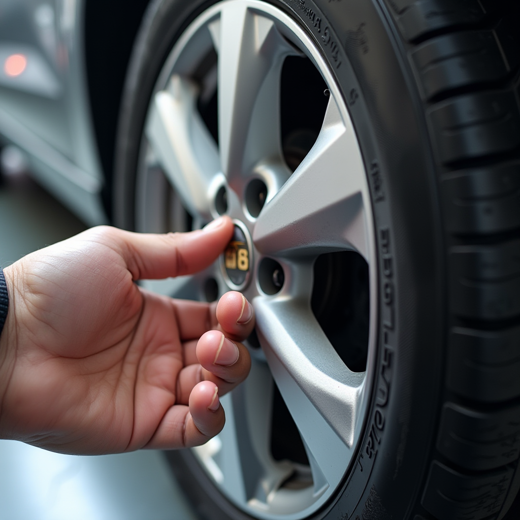 Покроковий чеклист огляду шин при купівлі автомобіля: людина перевіряє глибину протектора, оглядає патерни зносу, використовує монету для вимірювання